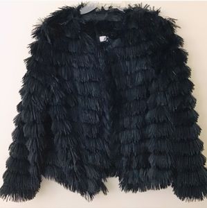 furry shaggy jacket over coat black super stylish large black cones in pink too